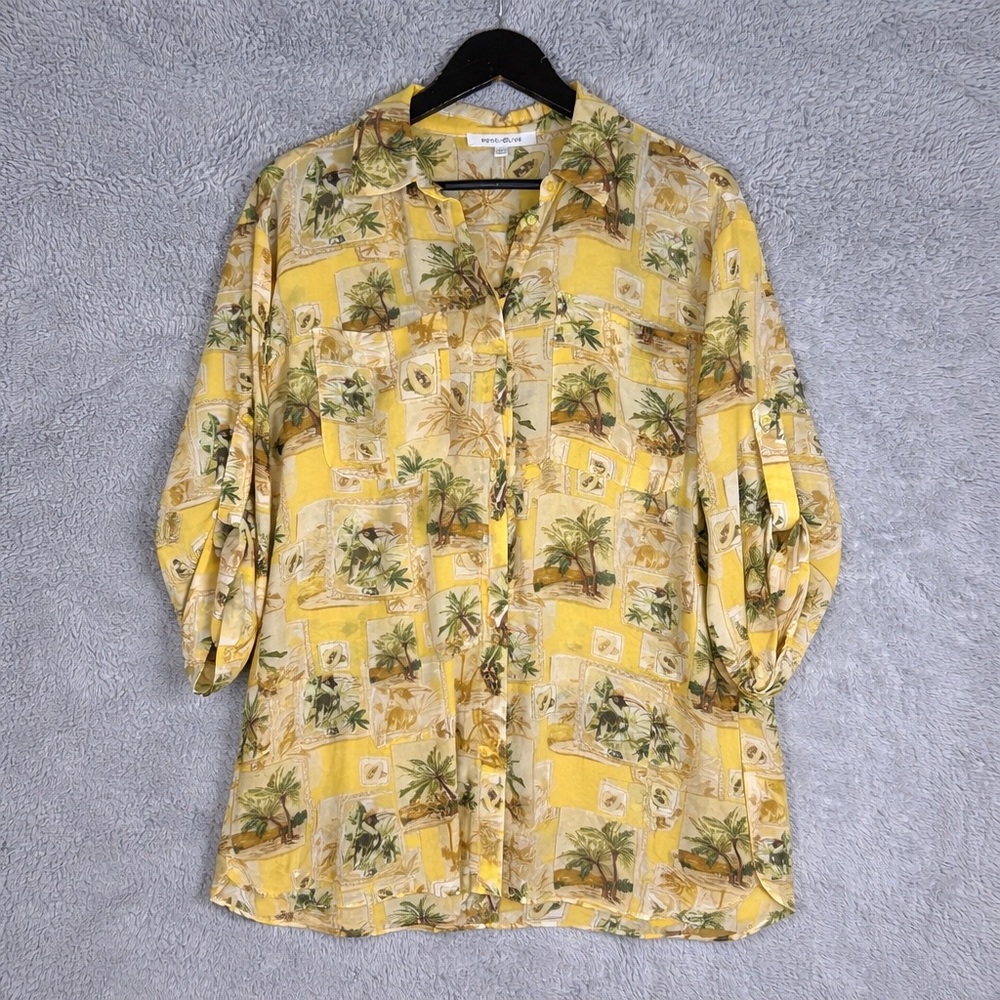 Rose + Olive‎ Blouse Large Yellow Button Up Palm Resort Boho Vacation Hawaiian